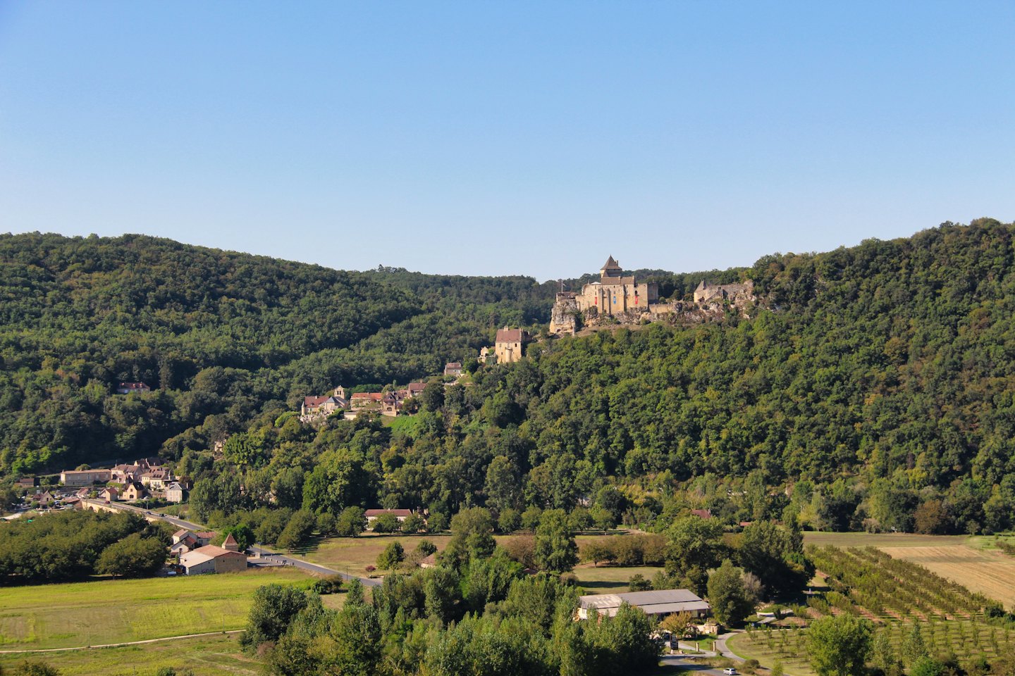 Mittelalterliche Burg auf einer Klippe mit Blick auf ein Dorf und einen Wald.
